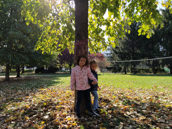 bambine in mezzo a foglie in un parco
